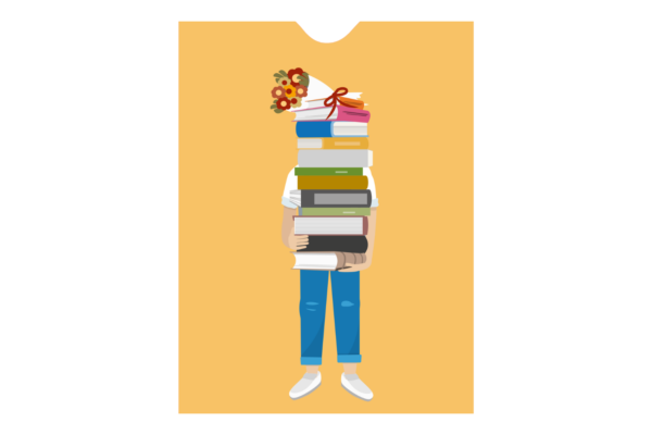 Jemand trägt einen Stapel voller Bücher vor sich